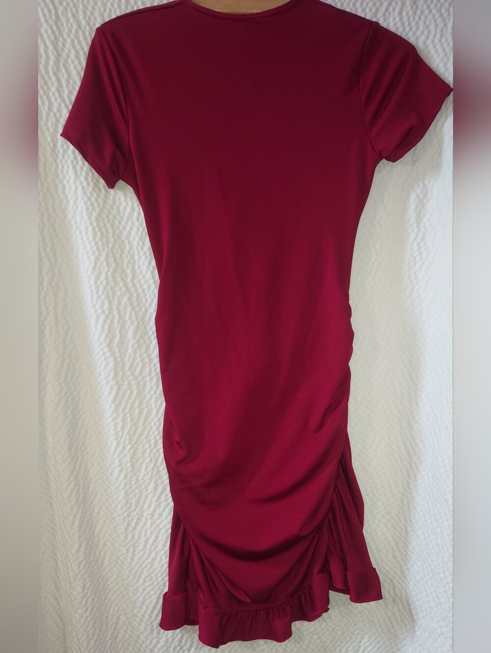 Short Sleeve Ruched Midi Dress in Deep Burgundy